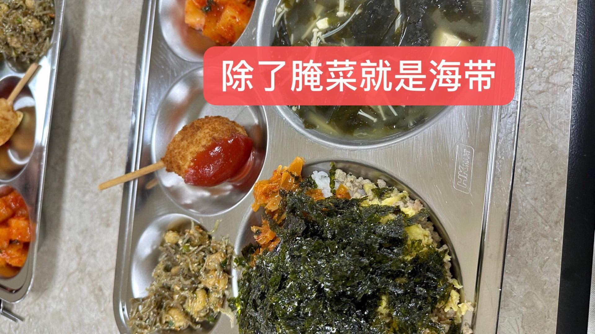 妹子在韩国分享4300元一顿的小学午餐，泡菜开会萝卜聚餐，真难吃