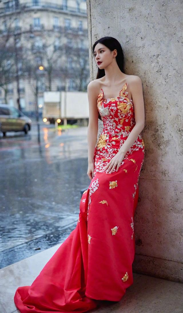 沈梦辰穿红色婚狍走秀,明媚喜庆