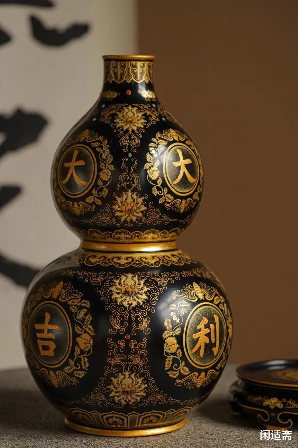 清宫花器赏瓶，脱胎大漆描金葫芦，大吉大利