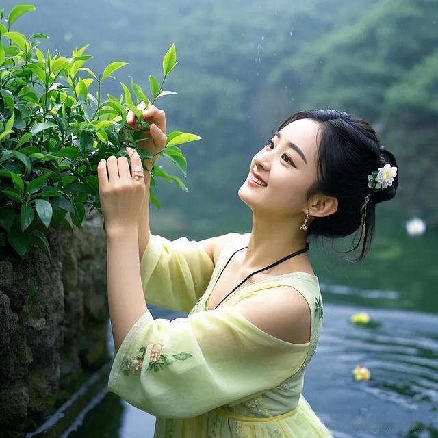 赵丽颖茶园采茶美翻啦,鹅黄古装超仙,灵动得像个小精灵!