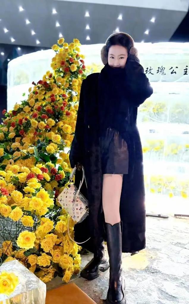 刘亦菲打卡哈尔滨冰封玫瑰,穿貂皮外套和光腿神器,又美出新高度