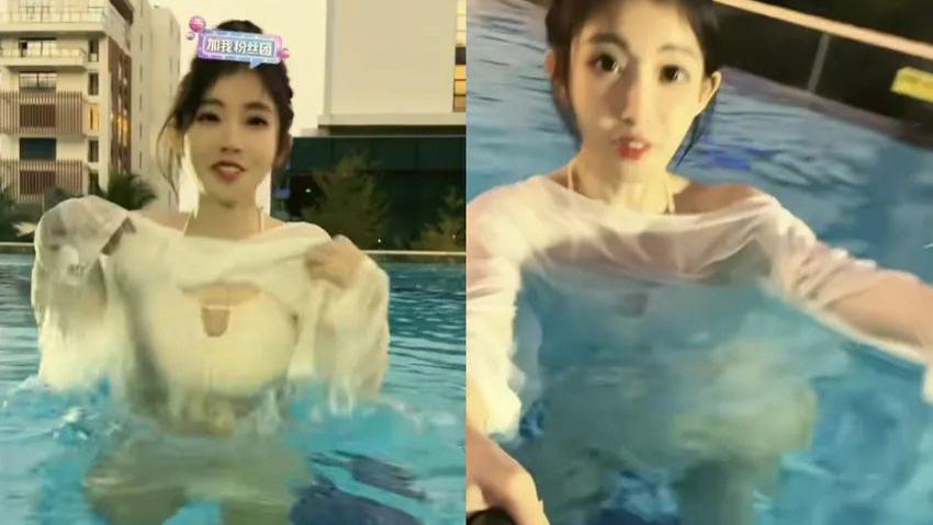 冯提莫三亚泳池直播游泳，真实身高再被质疑，调侃她只敢在儿童区