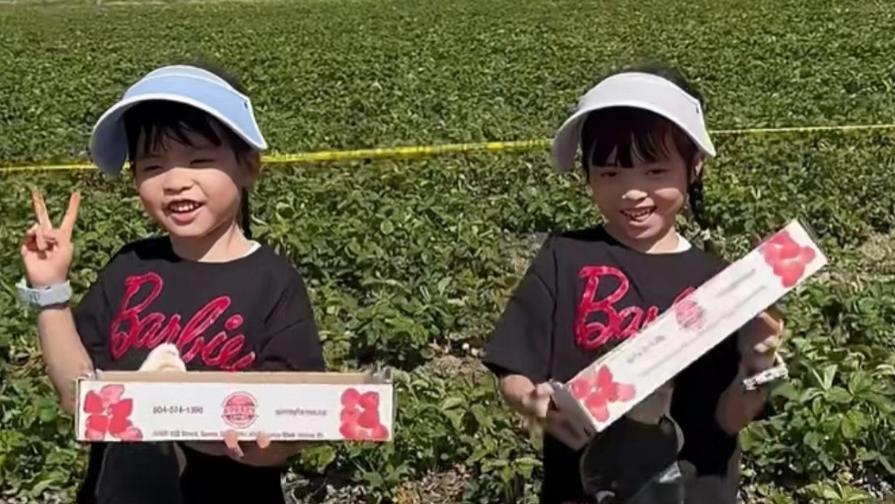 熊黛林晒双胞胎女儿近照，姐妹俩露齿笑一模一样，越长越像爸爸