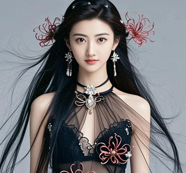 景甜身着黑色薄纱裙，宛如夜色中的精灵，优雅而迷人。