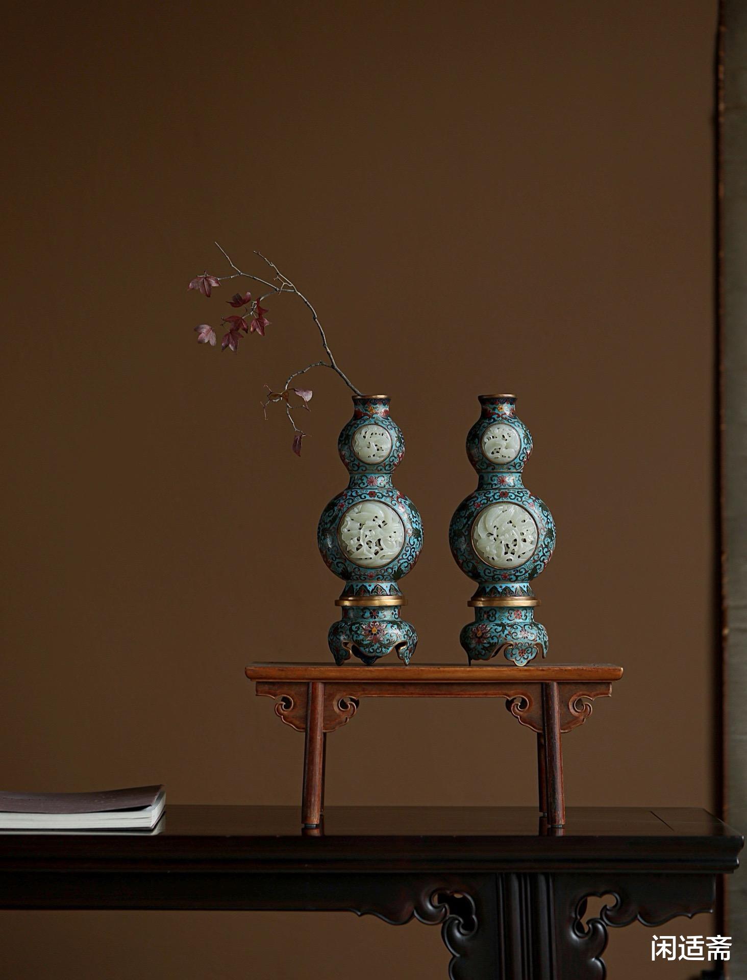 明清宫廷赏瓶，景泰蓝镶和田玉，葫芦瓶花器