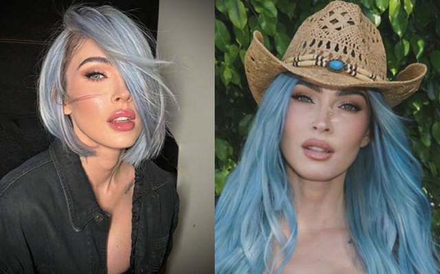 梅根福克斯亮相科切拉，蓝色长发好飒！极致臀腰比，五官太僵硬