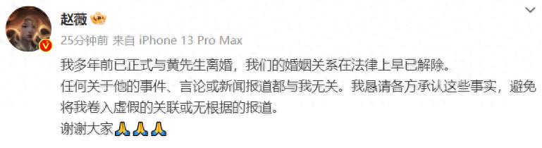 赵薇官宣离婚,与黄有龙已分开多年,删除所有相关动态