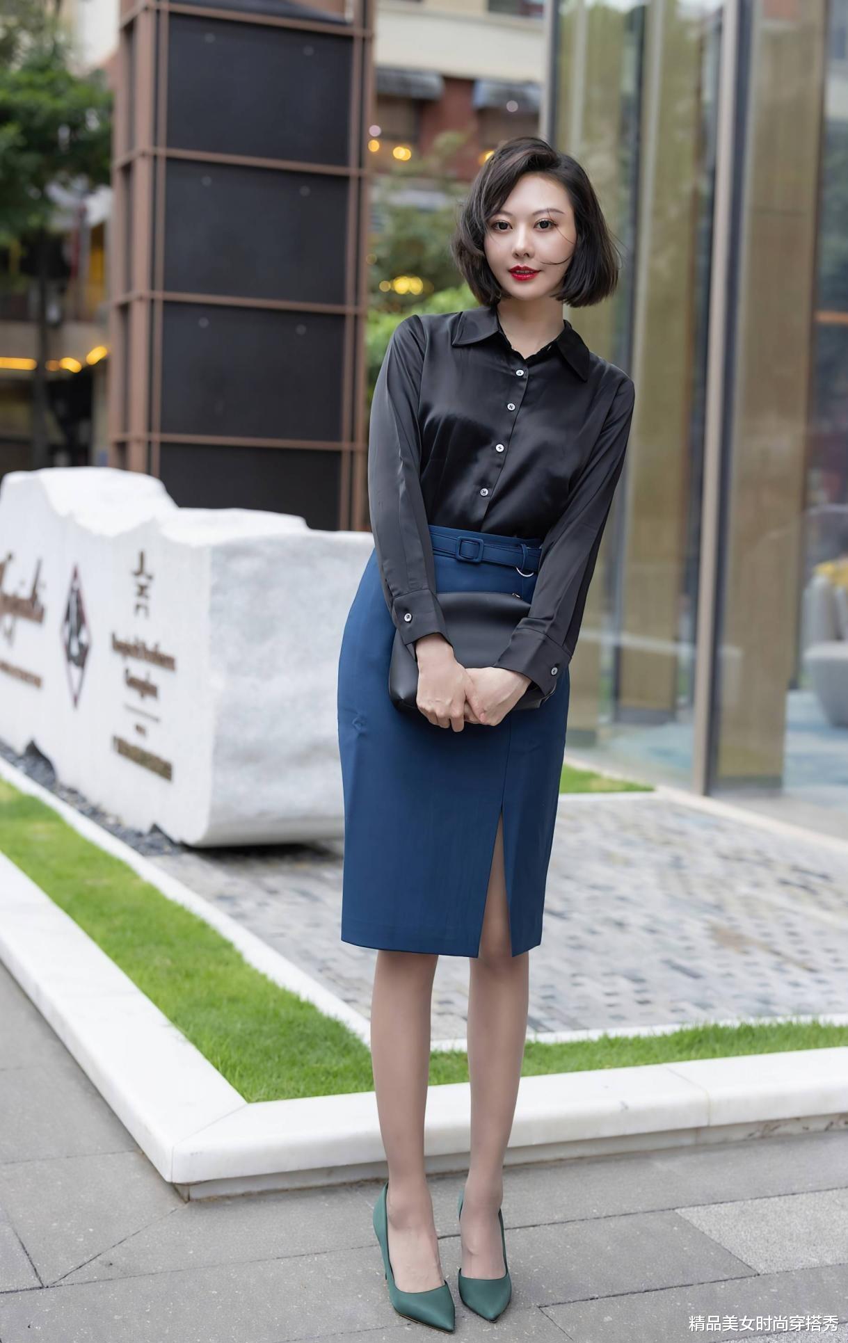职场穿搭：黑色衬衫与深蓝色半身裙的优雅组合