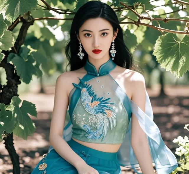 景甜一袭渐变绿色肚脐裙,宛如从画里走出的仙子。