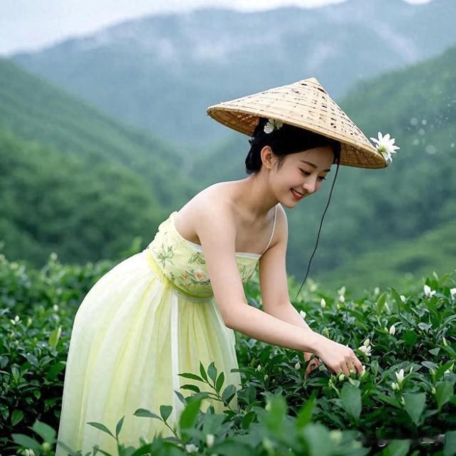 赵丽颖茶园采茶美翻啦,鹅黄古装超仙,灵动得像个小精灵!