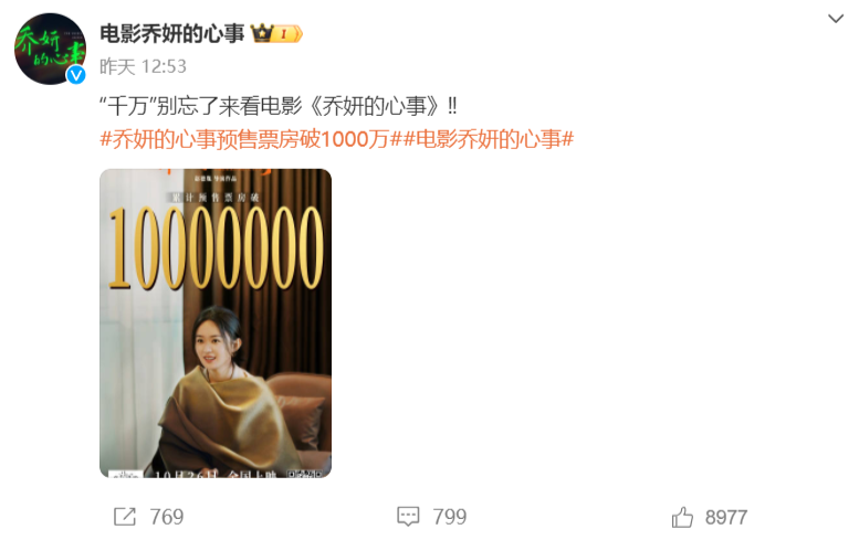 赵丽颖《乔妍的心事》预售勉强破千万,是不被看好,还是档期过冷