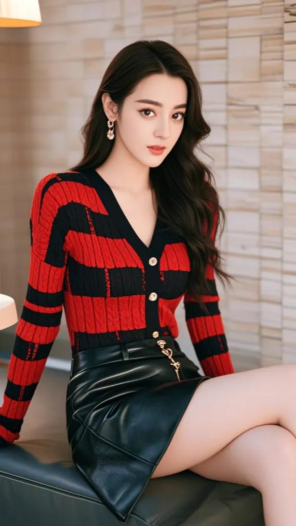 迪丽热巴，v领撞色针织衫，黑色皮裙