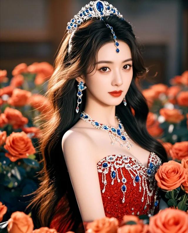 赵丽颖身着红裙礼服，宛如一朵盛开的娇艳玫瑰。