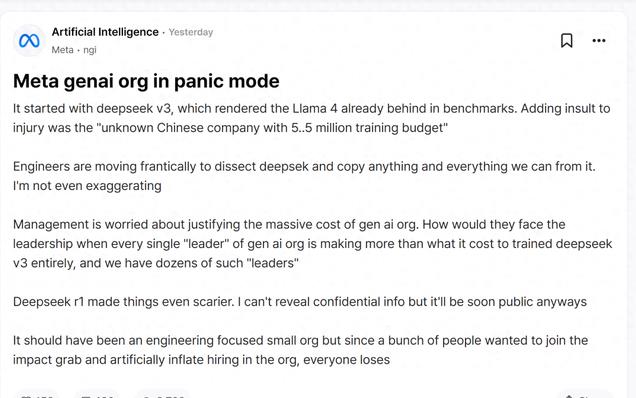 Meta陷入恐慌内部爆料在疯狂分析复制DeepSeek, 高预算难以解释