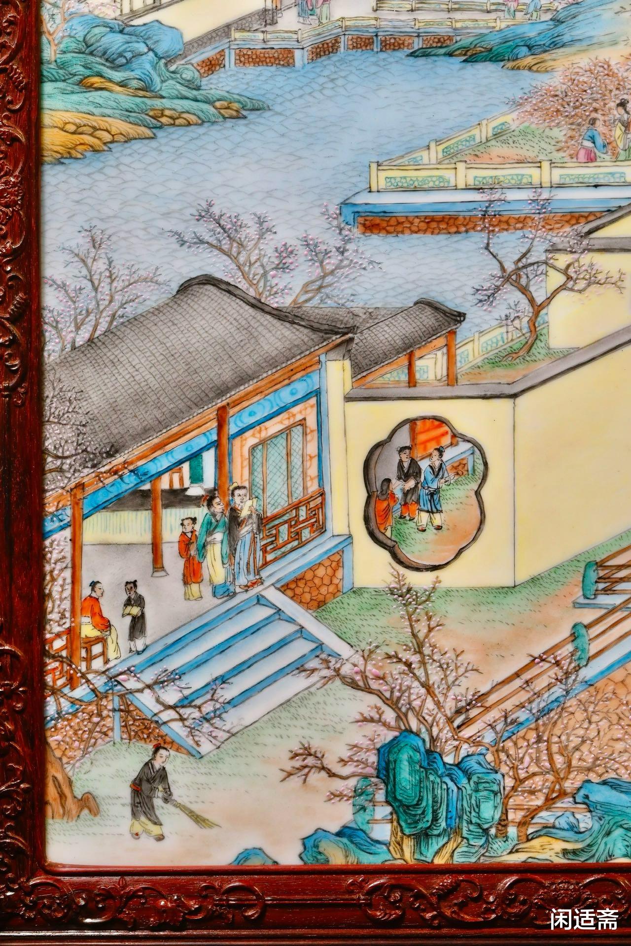 案上清供，手绘瓷板画，十二月令之二月，紫檀台屏