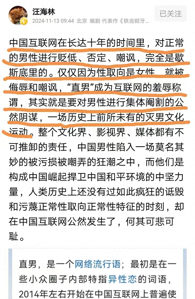汪海林:互联网十年来,对正常男性进行贬低、否定、嘲讽