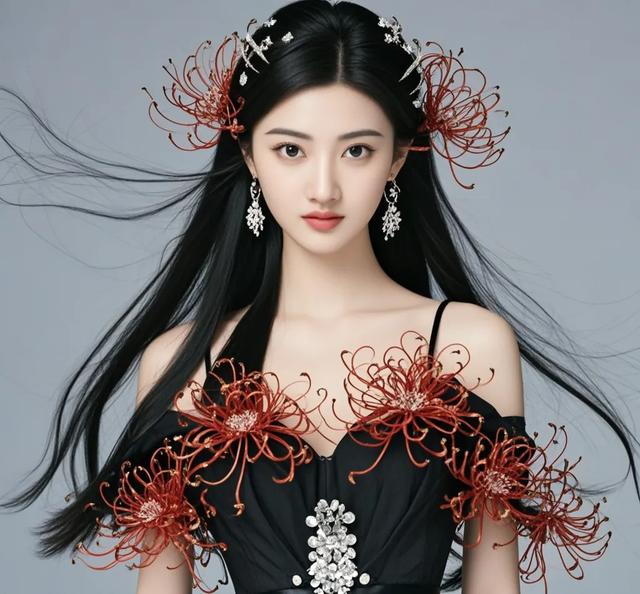 景甜身着黑色薄纱裙，宛如夜色中的精灵，优雅而迷人。