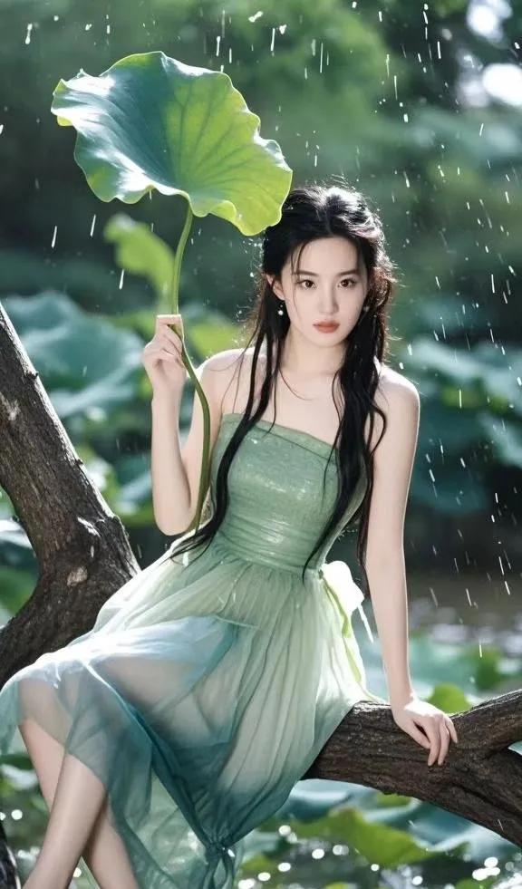 坐在树上的刘亦菲，即使被雨淋湿，那种出尘之美也丝毫未损。