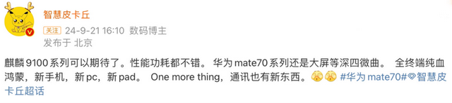 华为Mate70最新曝光:麒麟9100+四微曲大屏,能效显著提升