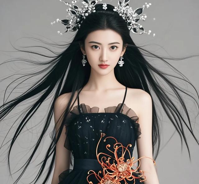 景甜身着黑色薄纱裙，宛如夜色中的精灵，优雅而迷人。