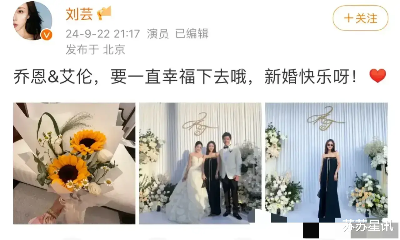 郑钧老婆刘芸被批不懂事!一身黑参加陈乔恩婚礼,合影站新人中间