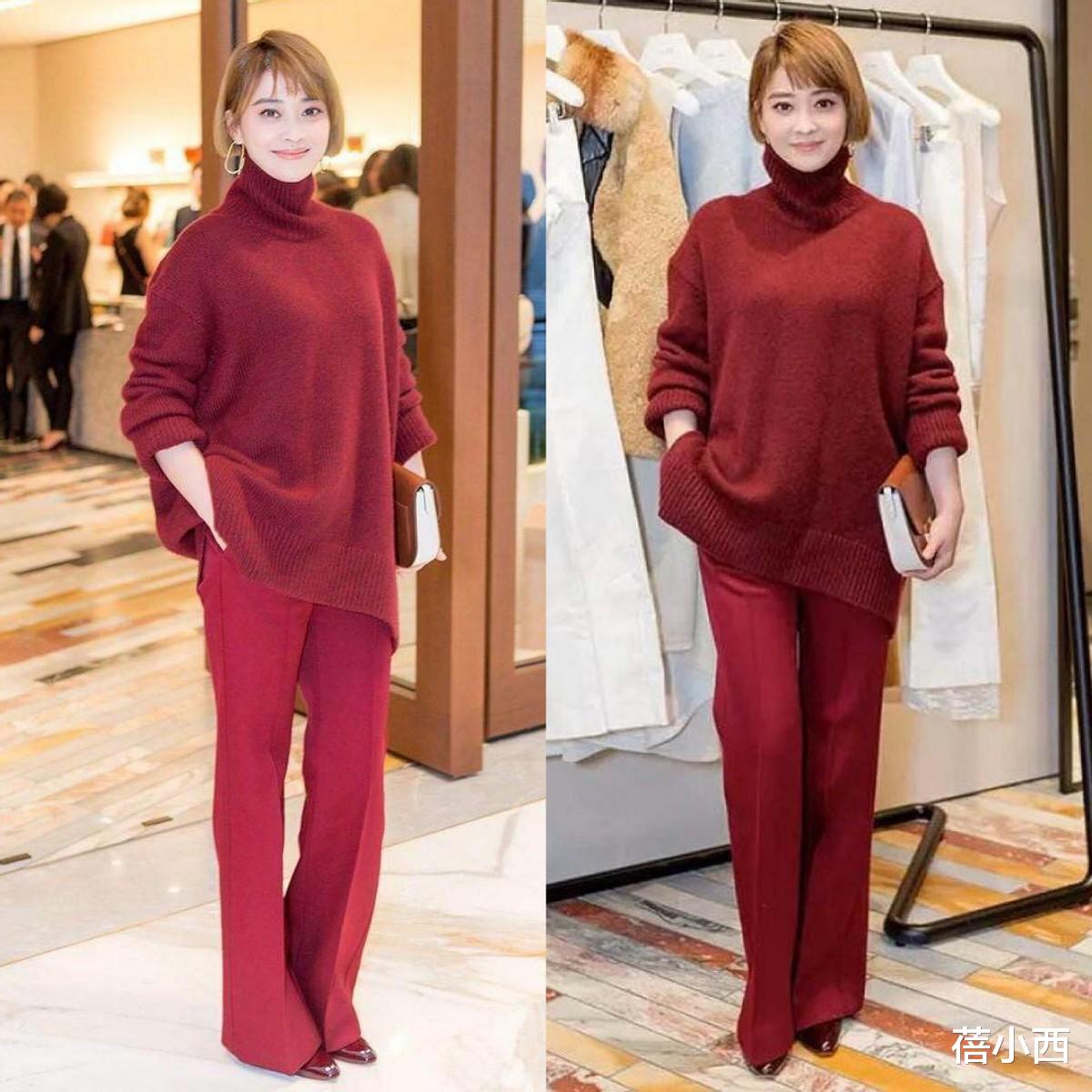 梅婷新剪了短发年轻20岁,一身酒红色穿搭亮相,美得像换了个人