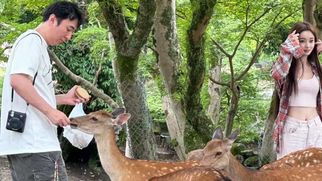 王思聪去奈良喂鹿，不顾新女友专心喂鹿，新女友懒懒只顾拍照留念