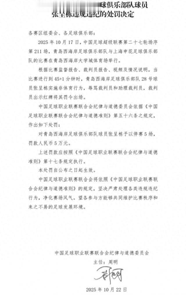 中足联罚单：张呈栋辱骂裁判 停赛五场罚款五万