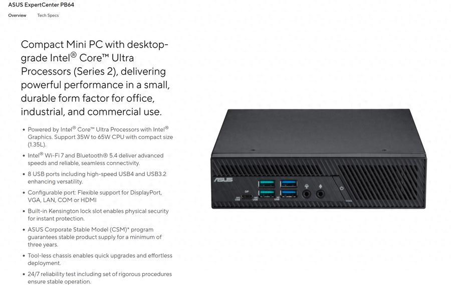 華碩發布ExpertCenter PB64迷你主機，僅1.35L可選光驅模塊