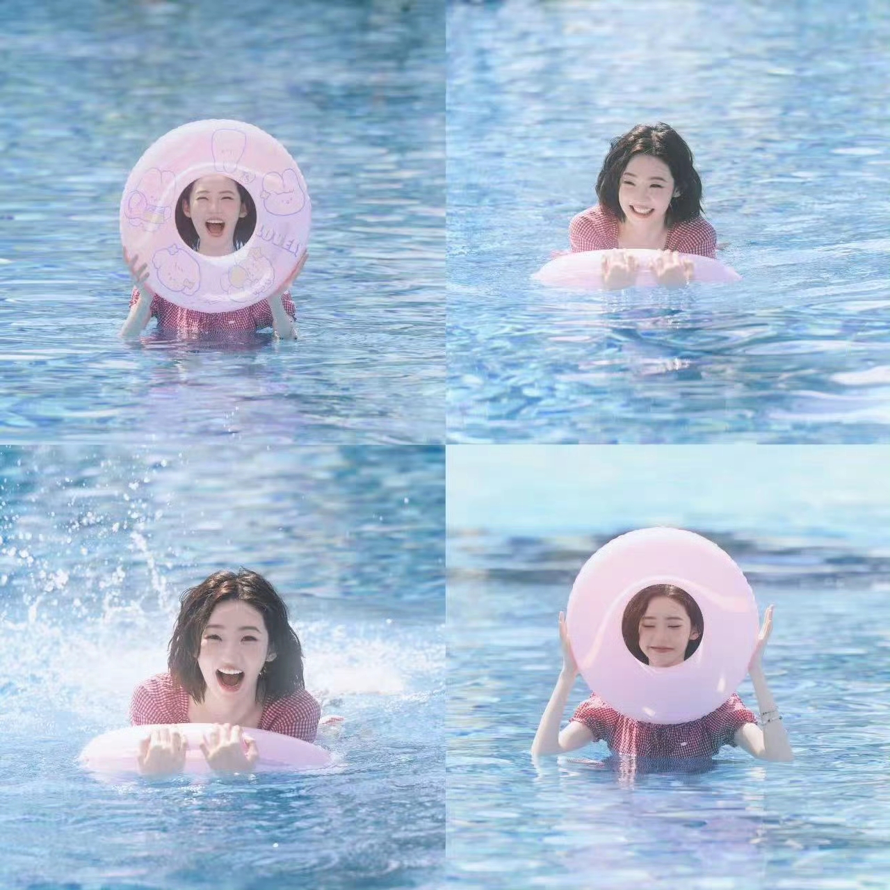 张艺凡泳池写真,一头卷发仿佛自带夏日滤镜,穿红色格子又灵又甜