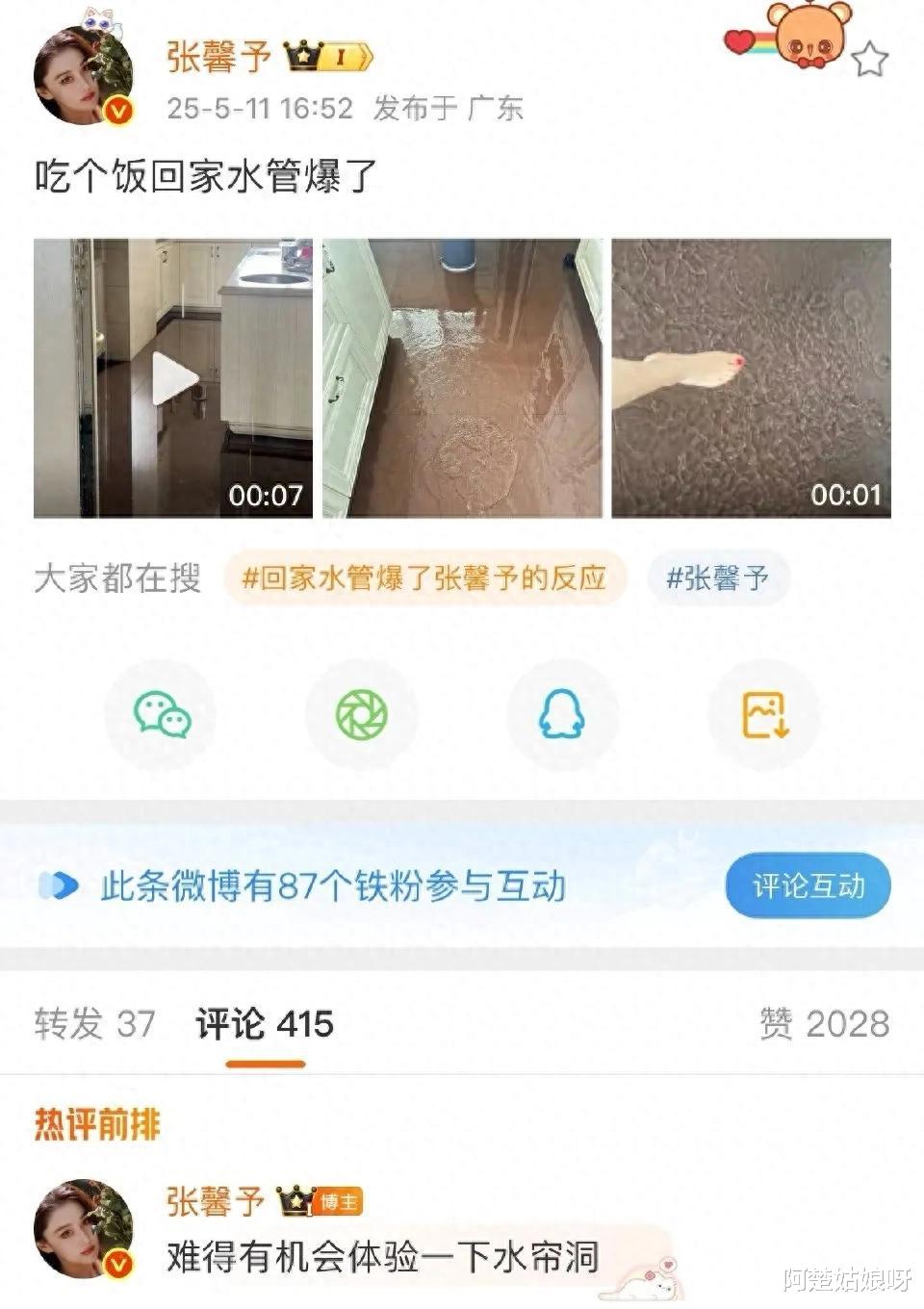 张馨予家被淹，网友惊呼“私人泳池”？