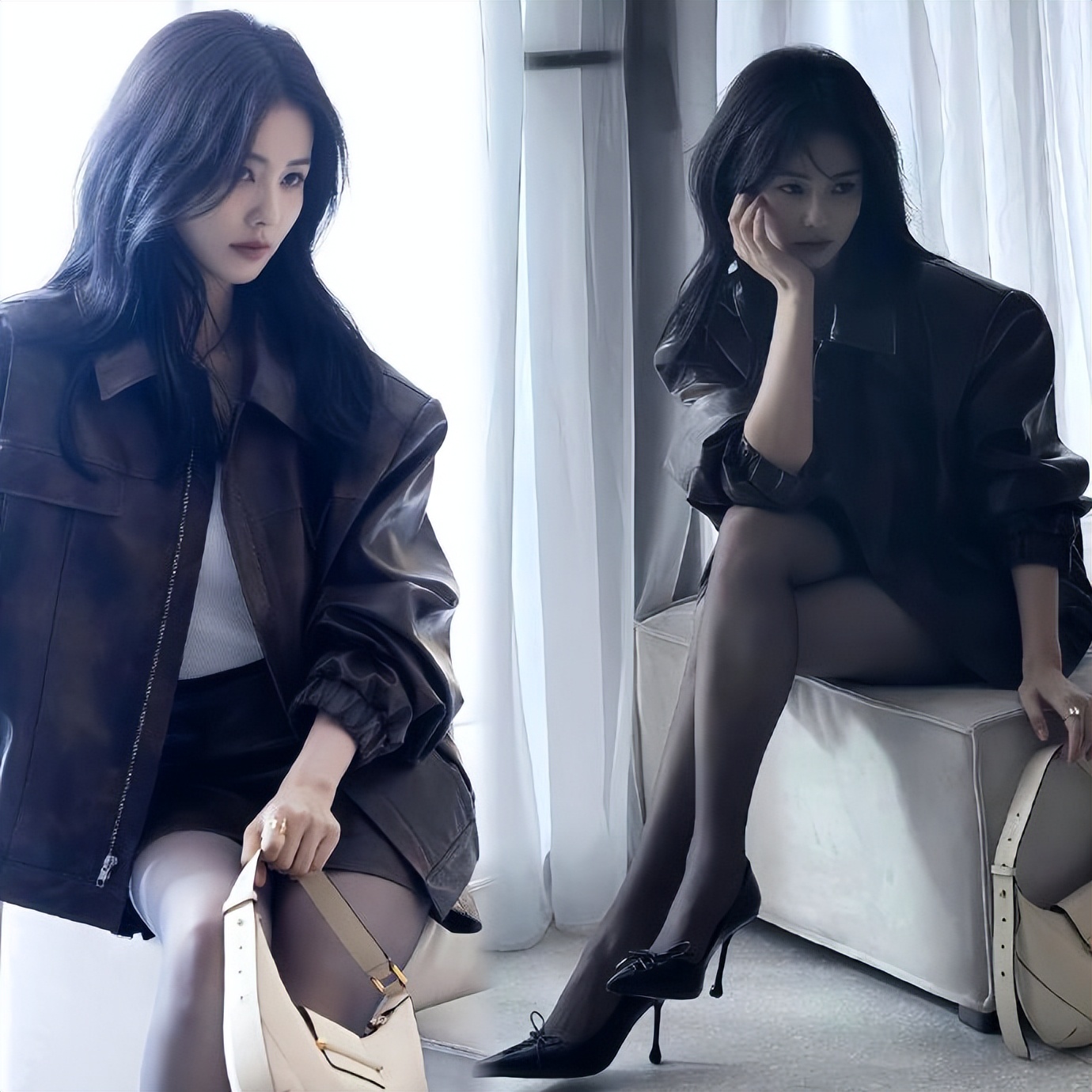 白鹿，黑丝皮裙＋高跟
