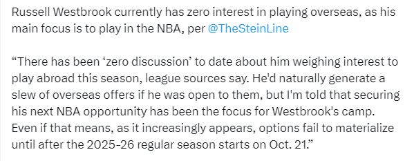 36岁威少签约态度曝光：目前拒绝前往海外打球 专注回归NBA