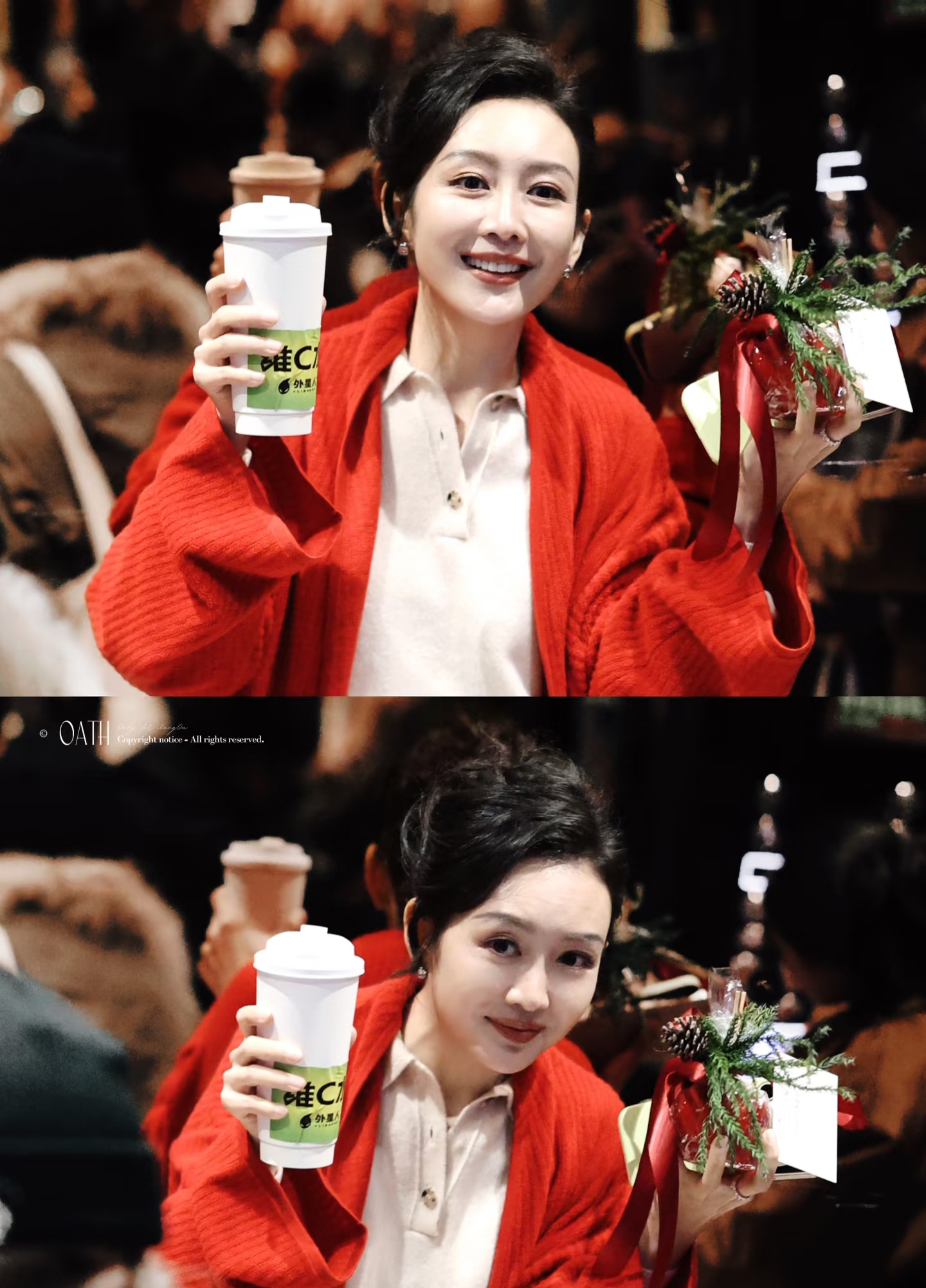 王鸥手持鲜花笑意温柔 红衣配牛仔裤尽显大气明艳之美，颜值超抗打