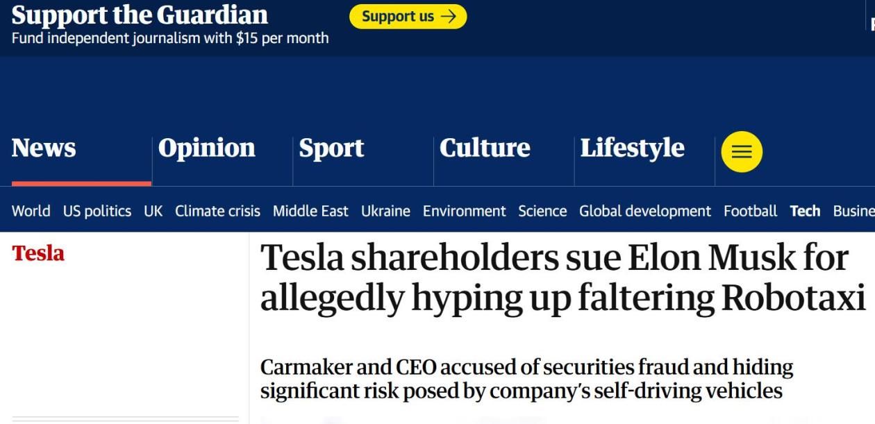 特斯拉股东起诉马斯克及公司隐瞒自动驾驶风险,导致股价受挫