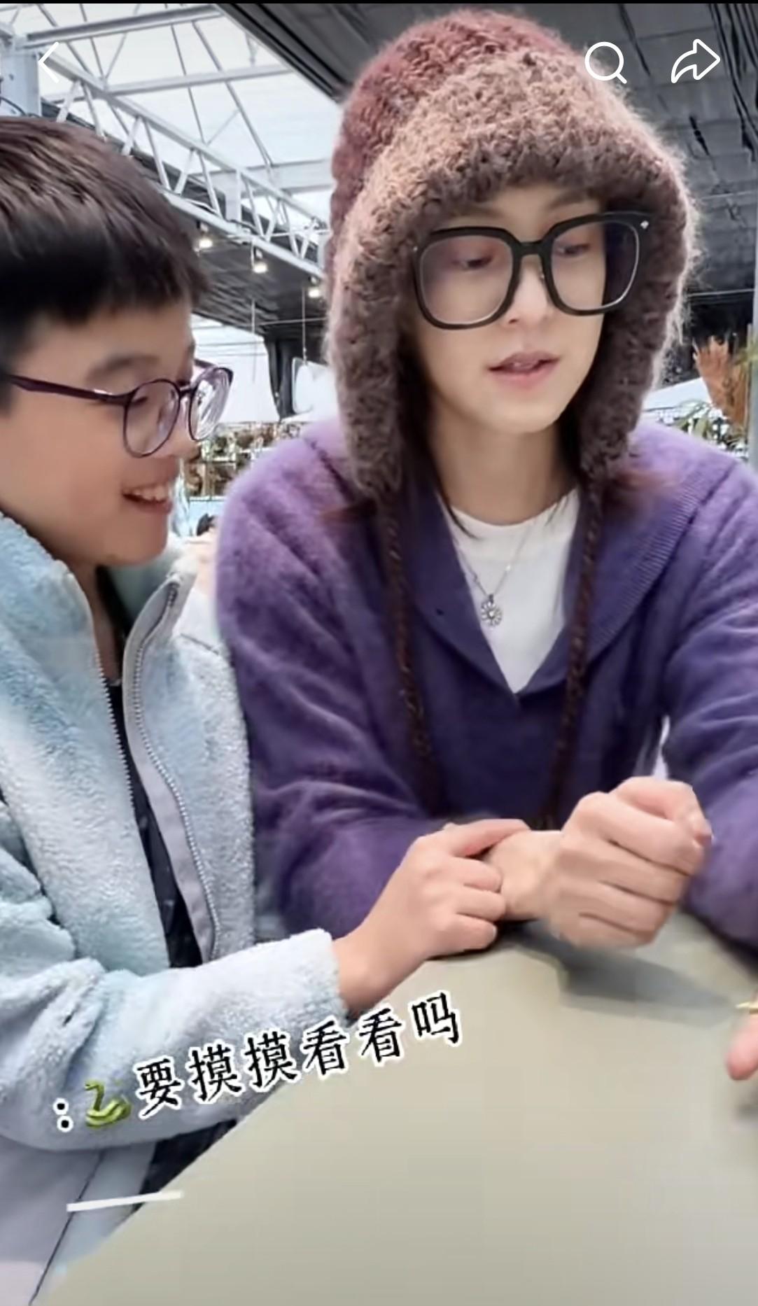 范玮琪带娃去动物园，俩儿子长相清秀好勇敢！抱狐狸摸蜥蜴蛇绕脖