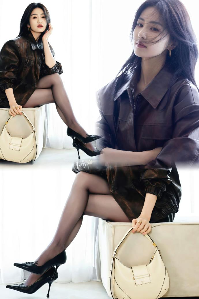 白鹿，黑丝皮裙＋高跟