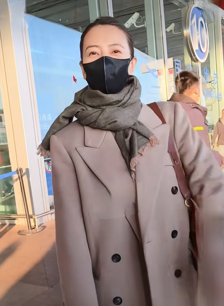 高圆圆机场路透,盘发搭驼色大衣,美貌与气质并存