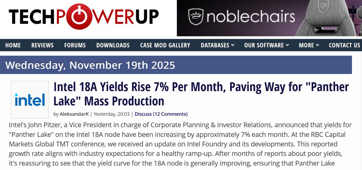 英特爾披露：18A 制程 “Panther Lake” 處理器月良率提升 7%