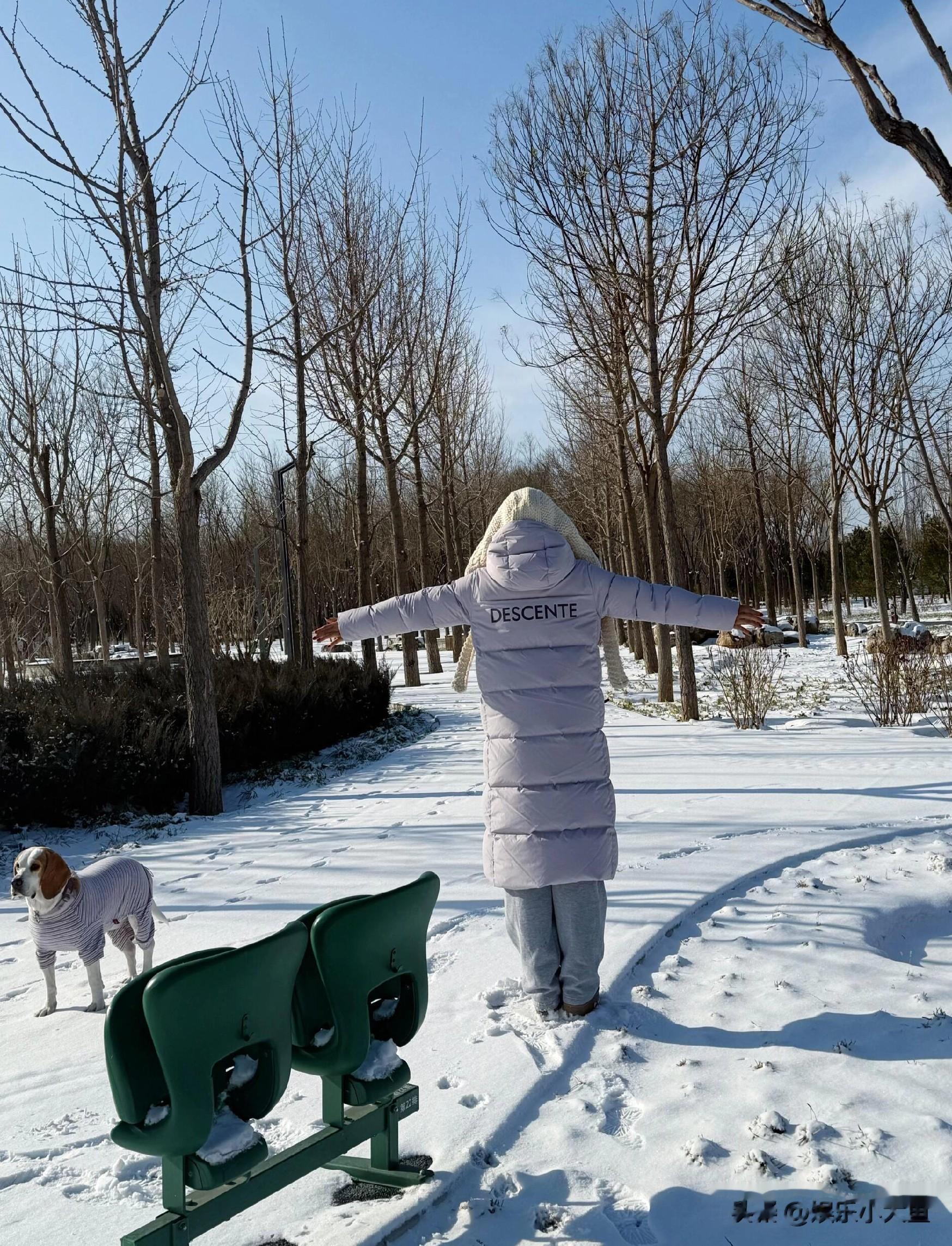 袁姗姗分享北京初雪美照，穿淡紫色长款羽绒服戴针织帽玩雪好可爱