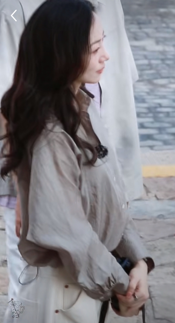 网友偶遇韩雪在古风景点游玩，穿浅灰衬衫配米白阔腿裤，知性优雅