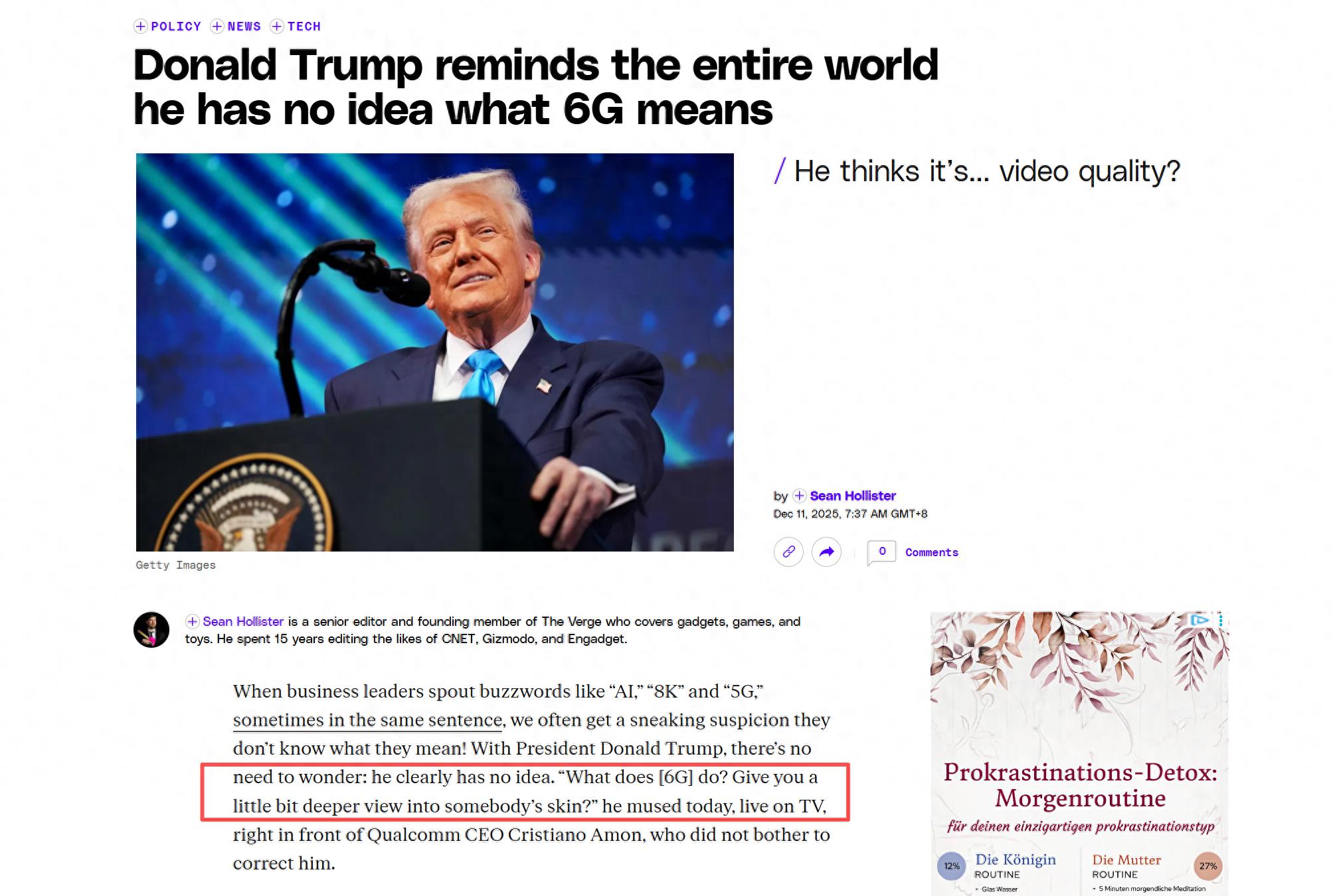 玩笑還是笑話？特朗普發問6G能看清別人皮膚嗎？