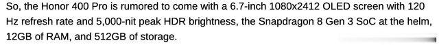 榮耀400 Pro全配置曝光 或用1080P分辨率