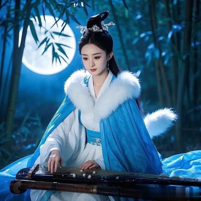 赵丽颖的苏妲己，穿着蓝色服饰，眼神犀利，不失高贵！