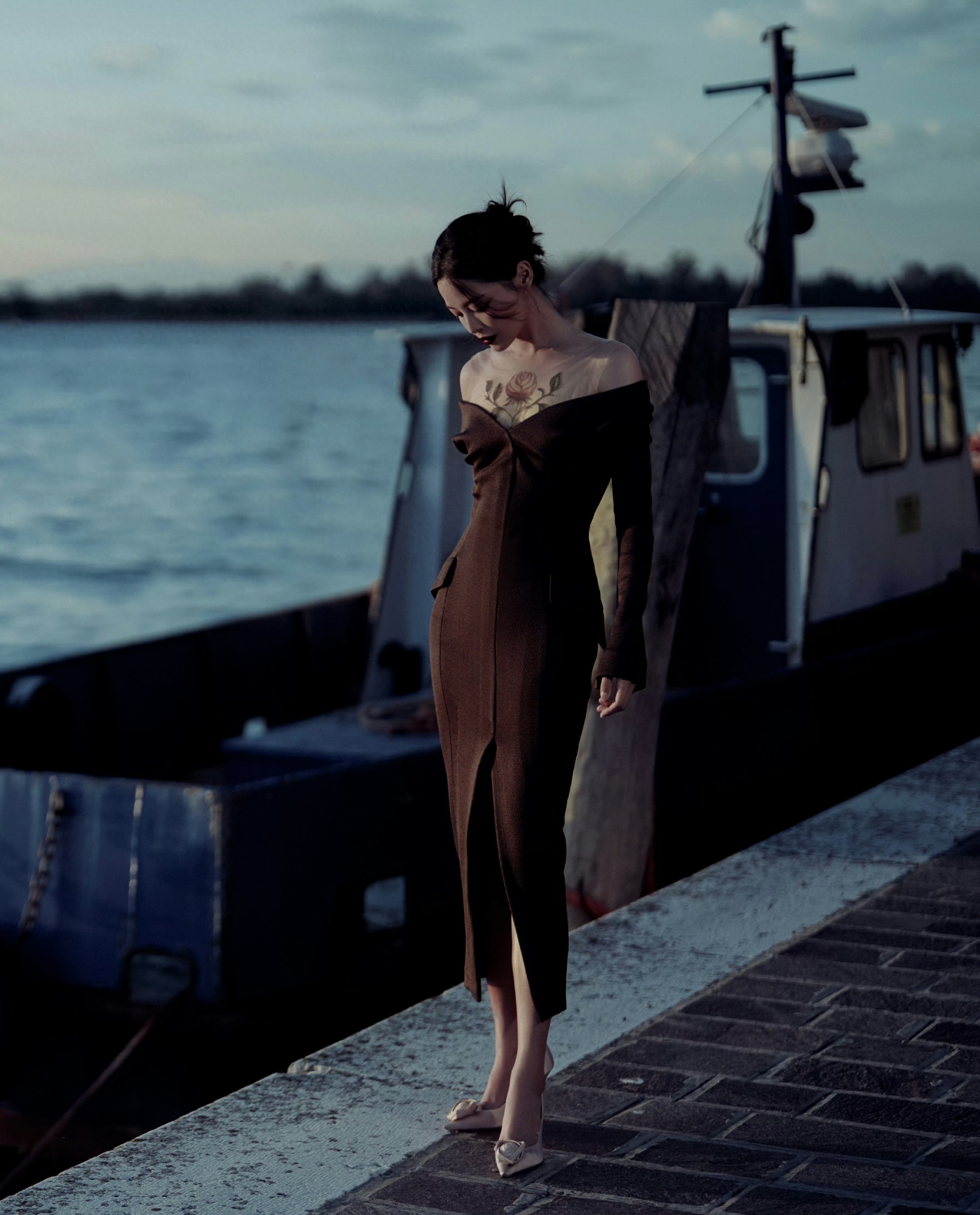 辛芷蕾胸口玫瑰花造型的外景大片，果然是很有氛围感，眼神很深情