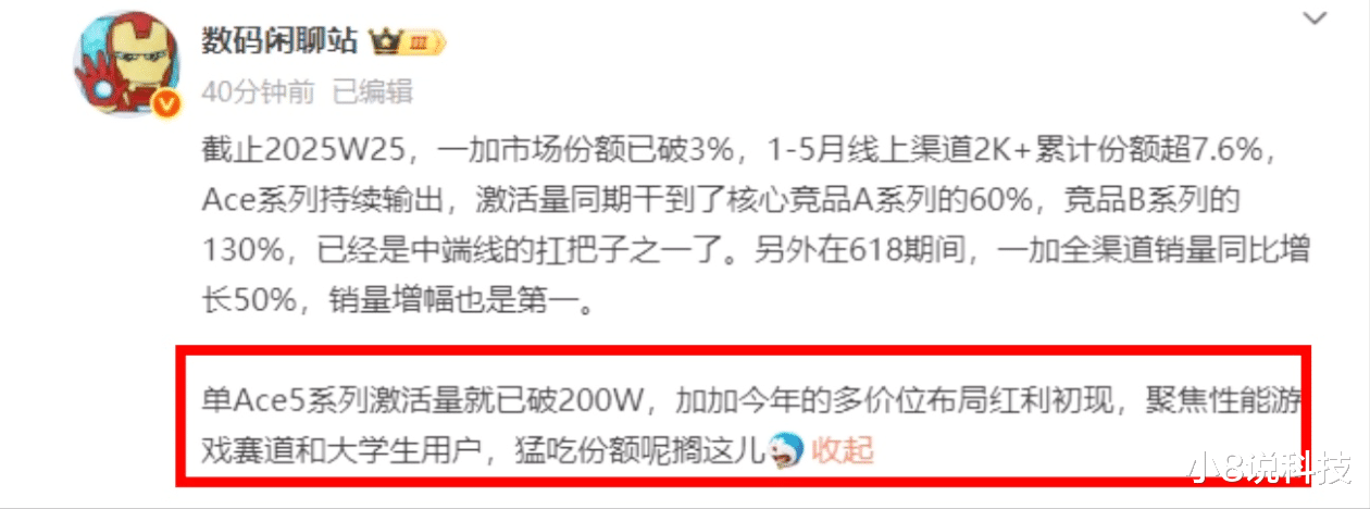 一加Ace5銷量破紀錄，激活量破200萬，真成中端線的“扛把子”？