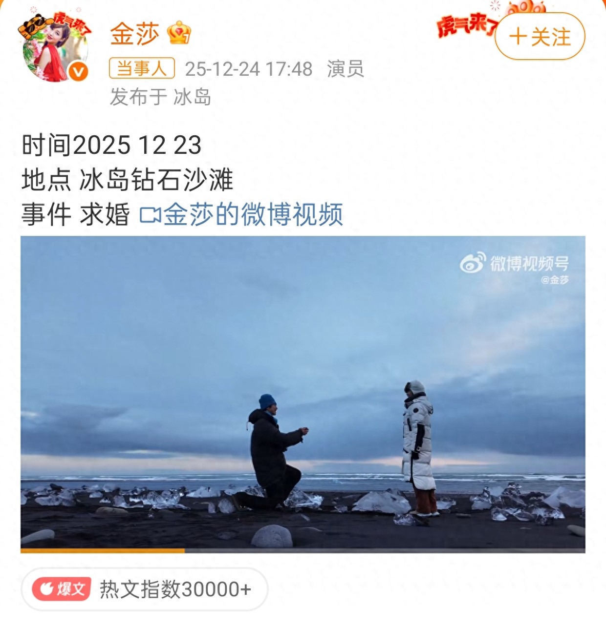 25岁孙丞潇在冰岛向42岁金莎求婚成功！俩人在海边拥吻好甜蜜