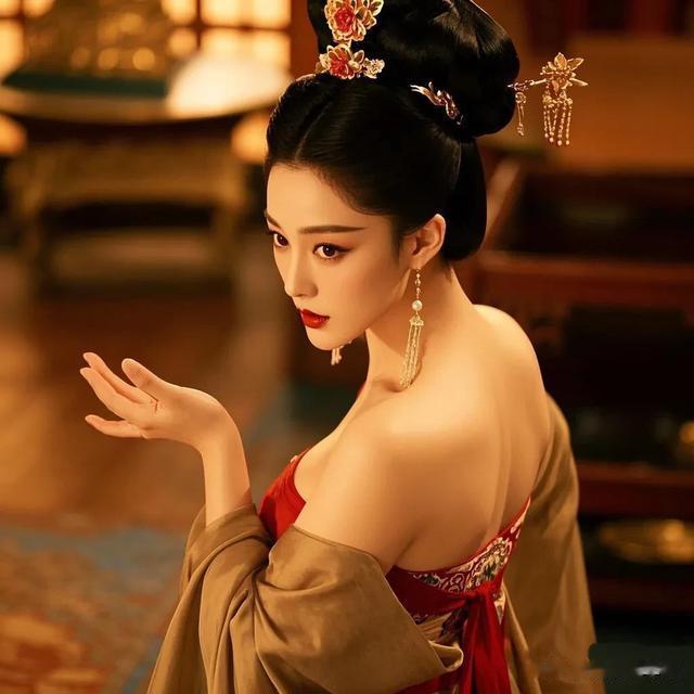 张馨予武媚娘漏肩长裙，曼妙身姿与妖娆气质并存，绝了！