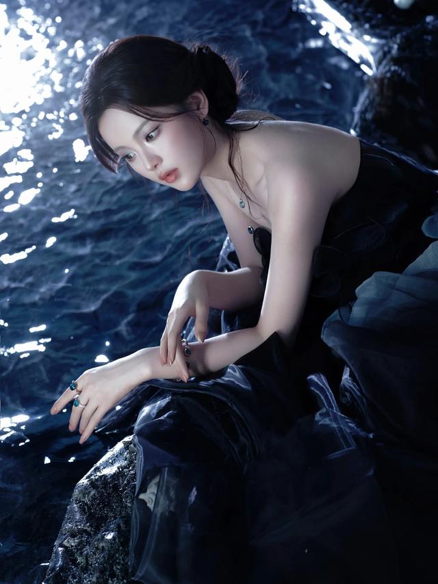 杨超越黑鸢尾公主裙，人鱼公主悄然苏醒