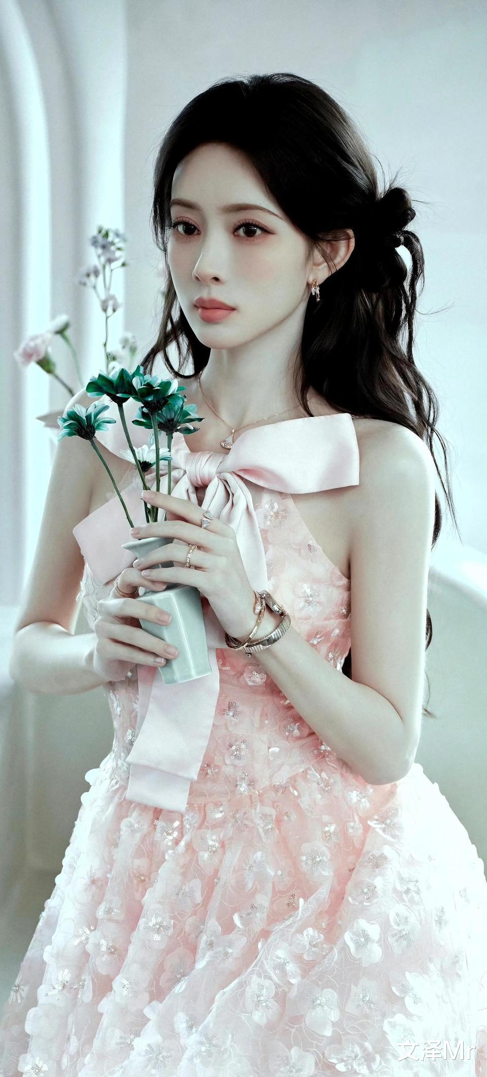 孟子义一袭??粉色挂脖长裙，领口处的大蝴蝶结设计，美出新高度